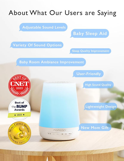 Momcozy Máquina de sons para bebês, com ruído branco para bebês dormirem, luz noturna, treinador de sono infantil com 34 sons relaxantes, temporizador, controle remoto por aplicativo e rotina de sono personalizada (branca).