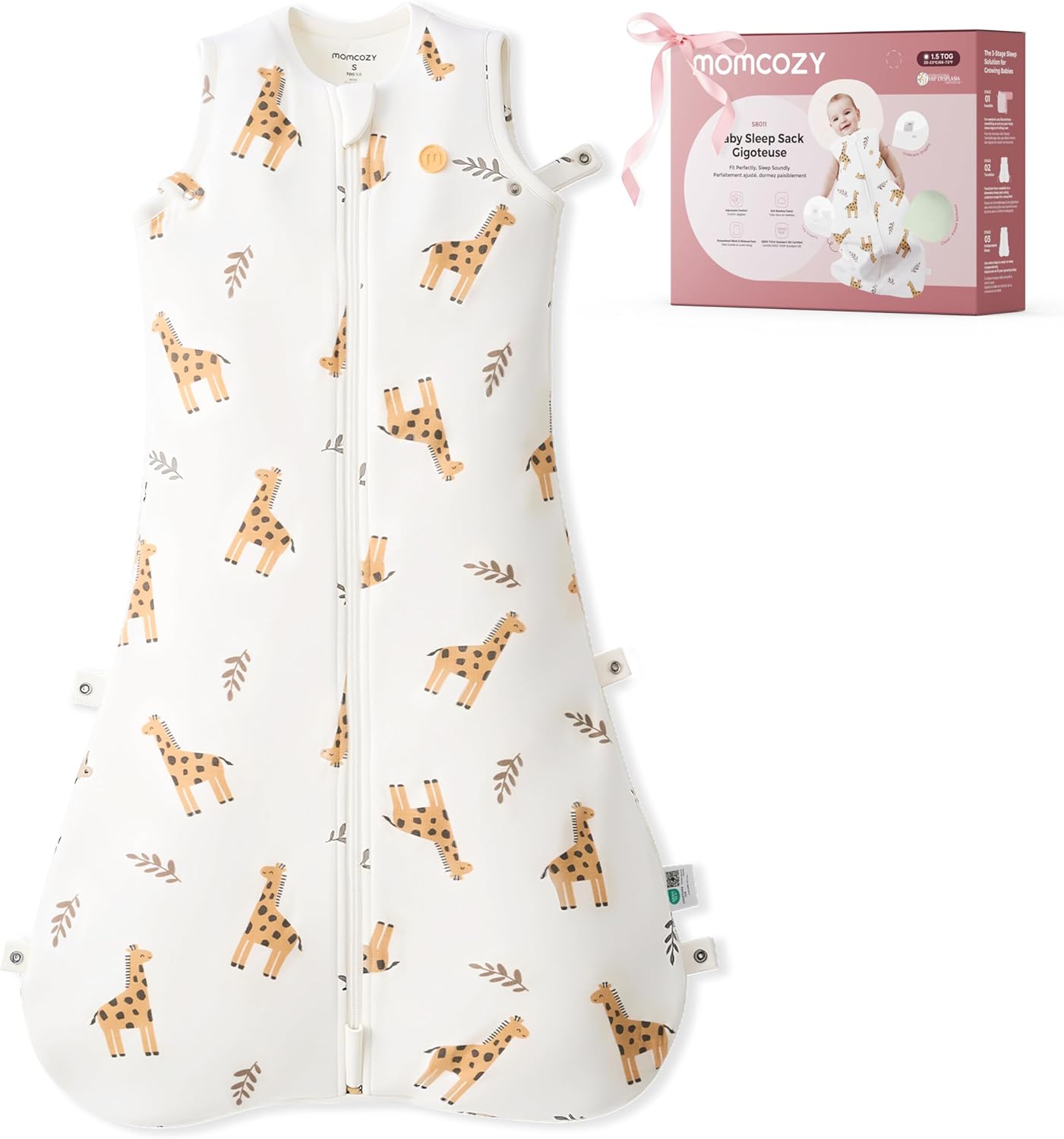 momcozy Saco de dormir para bebê, 0-6 meses, 1.5 TOG, com ajuste por botões de pressão, zíper duplo, tecido macio de bambu, estampa de girafa, tamanho P