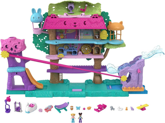 Polly Pocket Casa de boneca com 2 microbonecas e acessórios, carro de brinquedo, diversão e 4 animais de estimação, casa de aventura expansível para animais de estimação, presentes para crianças, HJJ98