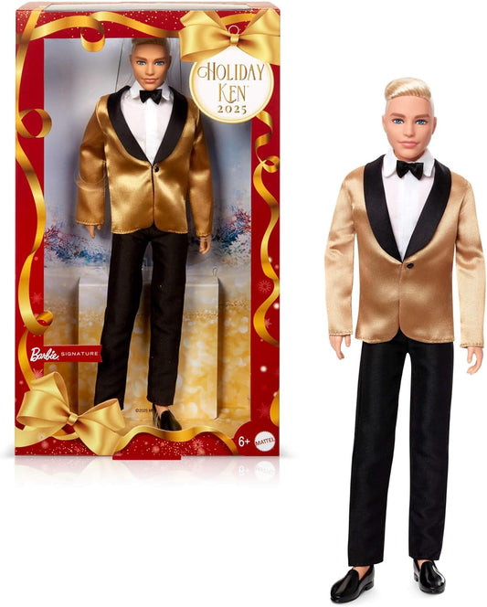 Barbie Signature 2025 Ken Loiro de Natal, Boneco Colecionável Fashion, Vestindo Terno Completo com Jaqueta Dourada, em Embalagem Exibível com Suporte para Boneco, JGK55