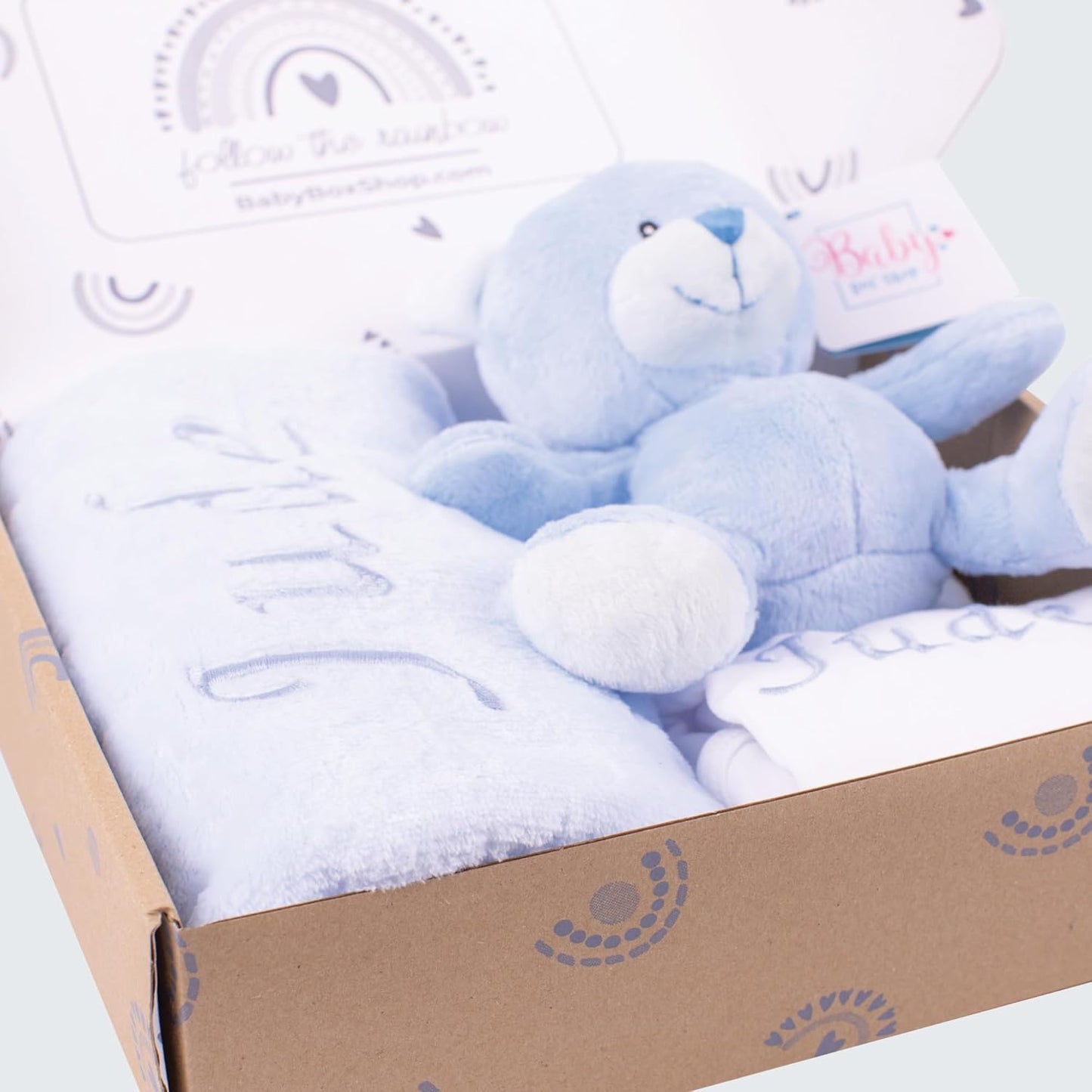 Baby Box Shop - Presentes personalizados para bebês unissex - Manta de bebê personalizada bege, azul, rosa e body de bebê personalizado com ursinho de pelúcia para bebê, ideal como presente de chá de bebê unissex e presente de batizado