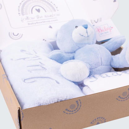 Baby Box Shop - Presentes personalizados para bebês unissex - Manta de bebê personalizada bege, azul, rosa e body de bebê personalizado com ursinho de pelúcia para bebê, ideal como presente de chá de bebê unissex e presente de batizado