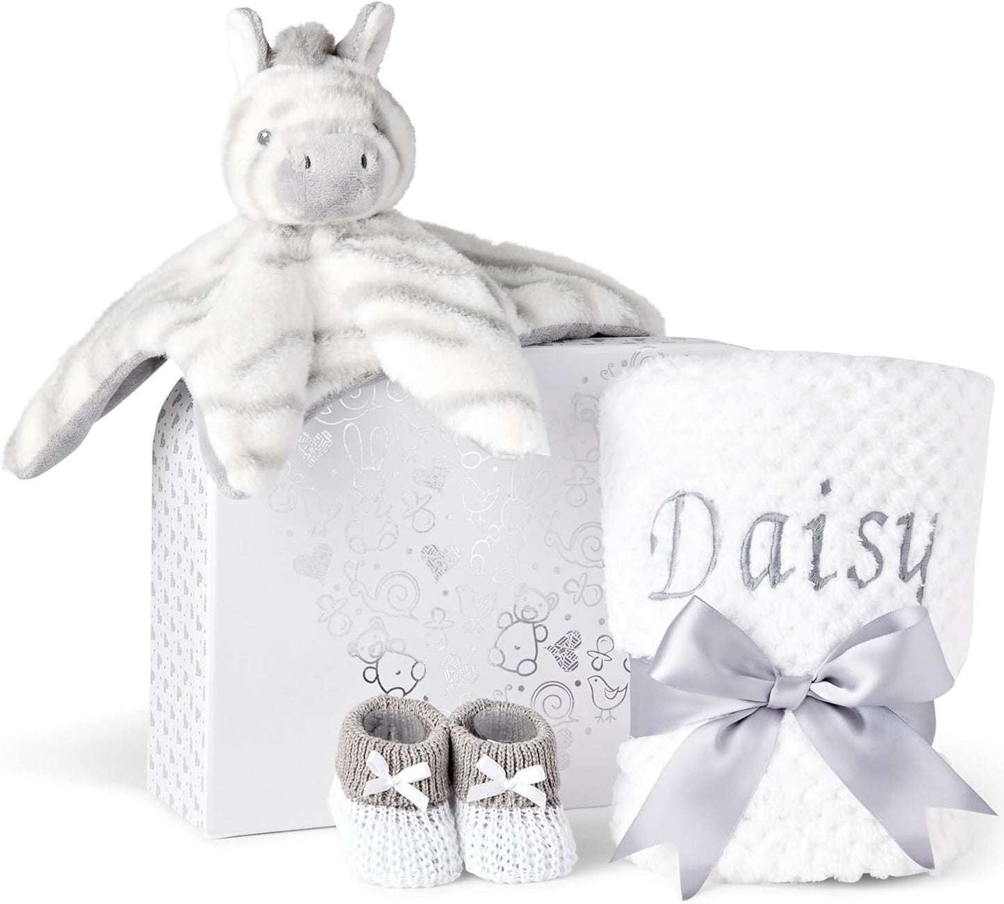 Presentes personalizados para bebês - Cesta para recém-nascidos em caixa de lembranças branca, inclui edredom de zebra para bebês, caixa de bebê, conjunto de presentes para recém-nascidos - 3 itens essenciais para bebês