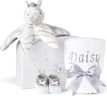 Presentes personalizados para bebês - Cesta para recém-nascidos em caixa de lembranças branca, inclui edredom de zebra para bebês, caixa de bebê, conjunto de presentes para recém-nascidos - 3 itens essenciais para bebês