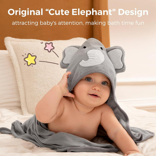 momcozy Hooded Baby Towel Set, 8-Piece Baby Bath Towel Set, 2Pcs Baby Towel and 6Pcs Baby Wash Cloth, Soft and Super Absorbent Baby Washcloths for Toddlers, Baby Shower Set Cute Elephant