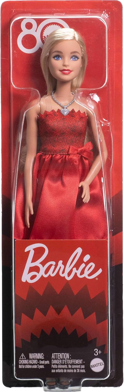 Barbie Mattel 80º Aniversário, Vermelha Rubi, Boneca Fashion Loira, Vestindo Vestido Vermelho com Sapatos e Colar Prateados, Brinquedo Colecionável, JGD25