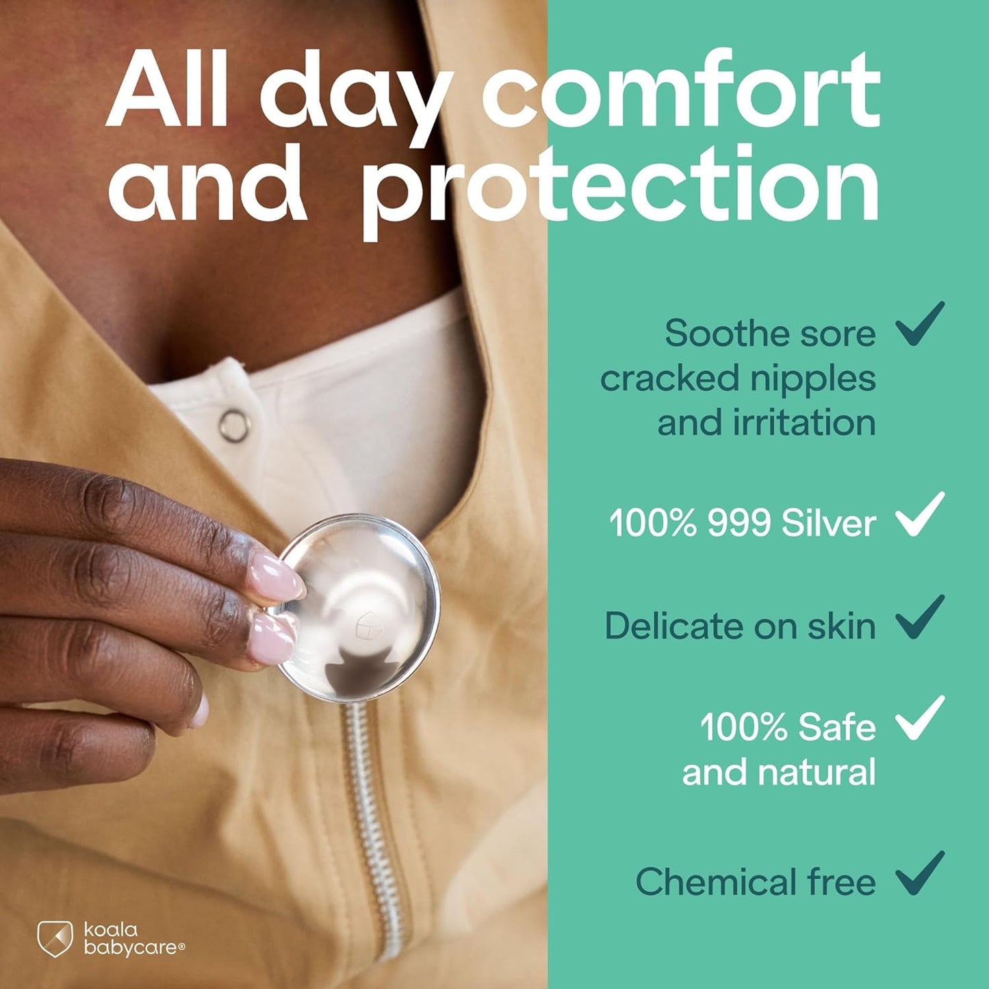 Koala Babycare Protetores de mamilo em prata 100% - Protetores de mamilo para amamentação de recém-nascidos - Protetores para fissuras mamárias | Dispositivo Médico Classe 1 Koala Silver Cup