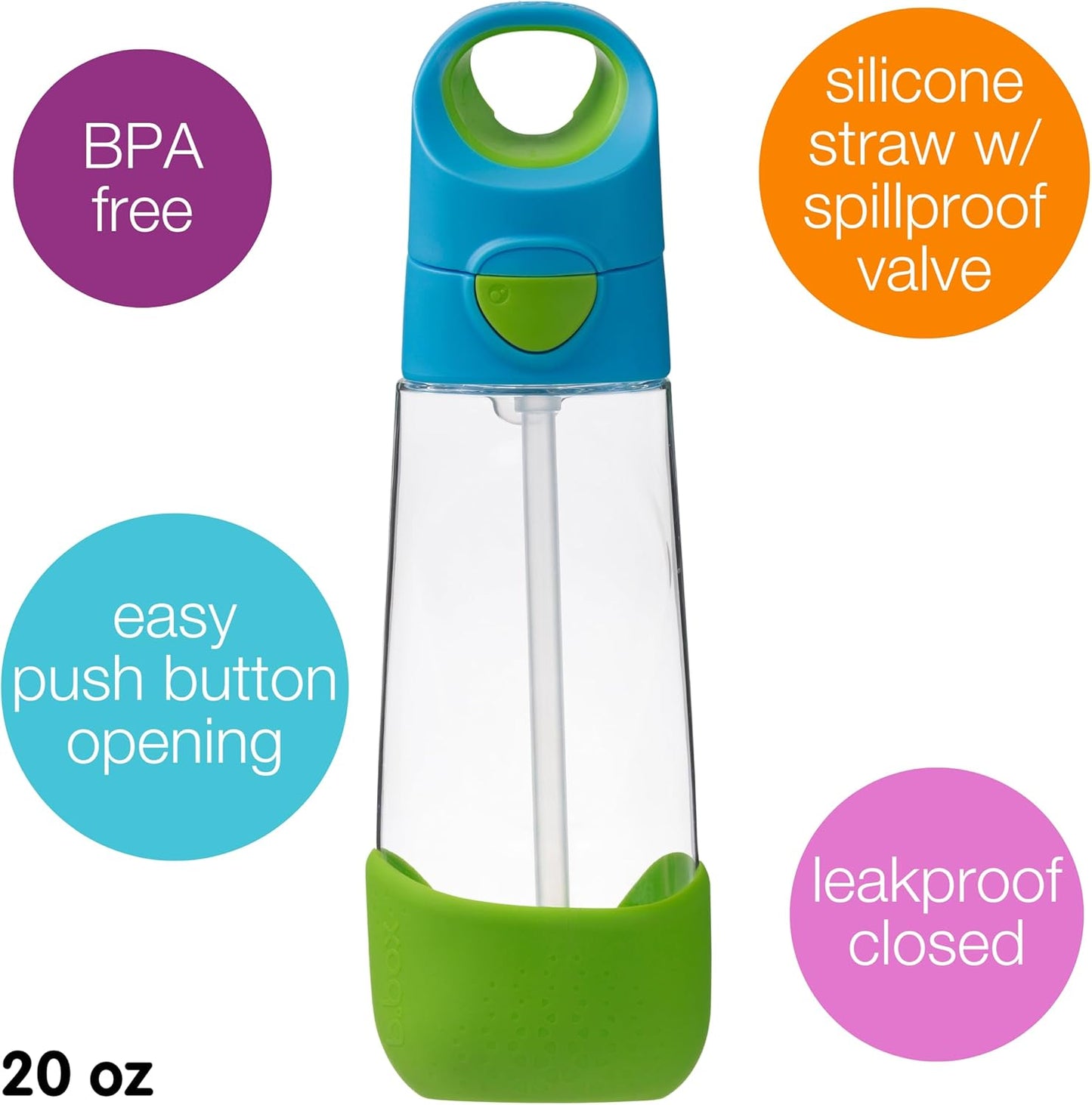 b.box Garrafa de água infantil 600ml/20.3oz em Tritan: Garrafa de água com canudo e tampa para escola, viagens e creche. À prova de derramamento e vazamentos. Formato triangular com fácil aderência. Livre de BPA e própria para lava-louças