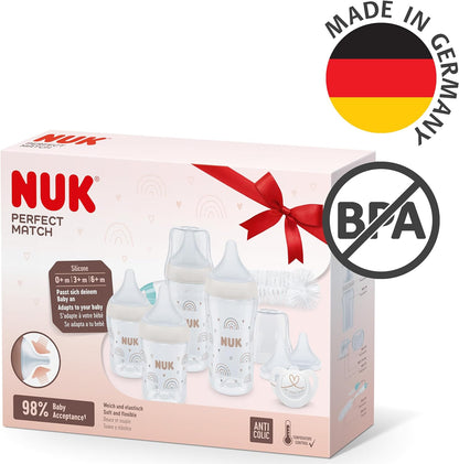 NUK Conjunto de mamadeiras Perfect Start Perfect Match | 0-6+ meses | Adapta-se ao Paladar do Bebê | 4 x mamadeiras anti-cólicas, manequim, escova de mamadeira e muito mais | Sem BPA | 9 Contagem