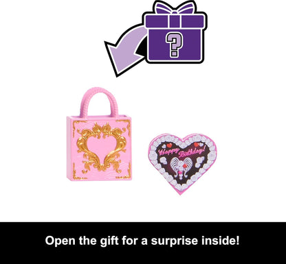 Monster High Boneca Scary Sweet Birthday, Cupid Asteria em vestido de festa rosa e vermelho com acessórios temáticos como convite, balão, presente e muito mais, JBG77