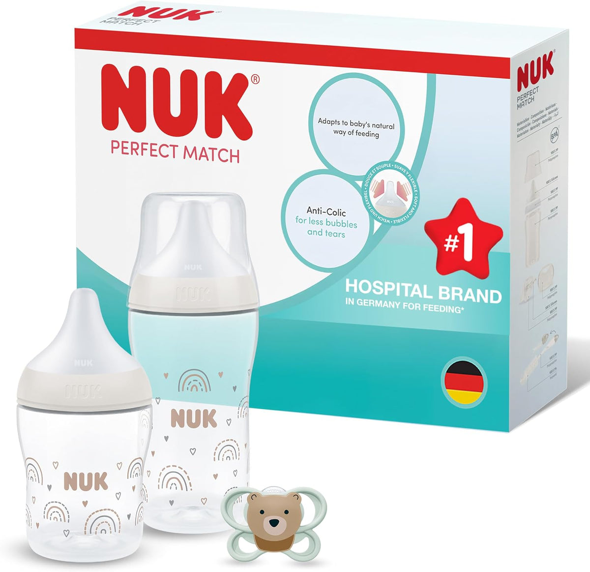 NUK Conjunto de Mamadeiras e Chupeta Perfect Match para Recém-nascidos | 0-3 Meses | 2 Mamadeiras Anticólicas (150 ml, 260 ml), 1 Chupeta Perfect Match Air | Arco-íris | Kit com 3 itens
