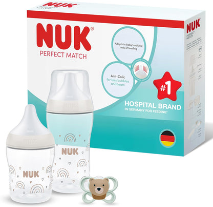NUK Conjunto de Mamadeiras e Chupeta Perfect Match para Recém-nascidos | 0-3 Meses | 2 Mamadeiras Anticólicas (150 ml, 260 ml), 1 Chupeta Perfect Match Air | Arco-íris | Kit com 3 itens
