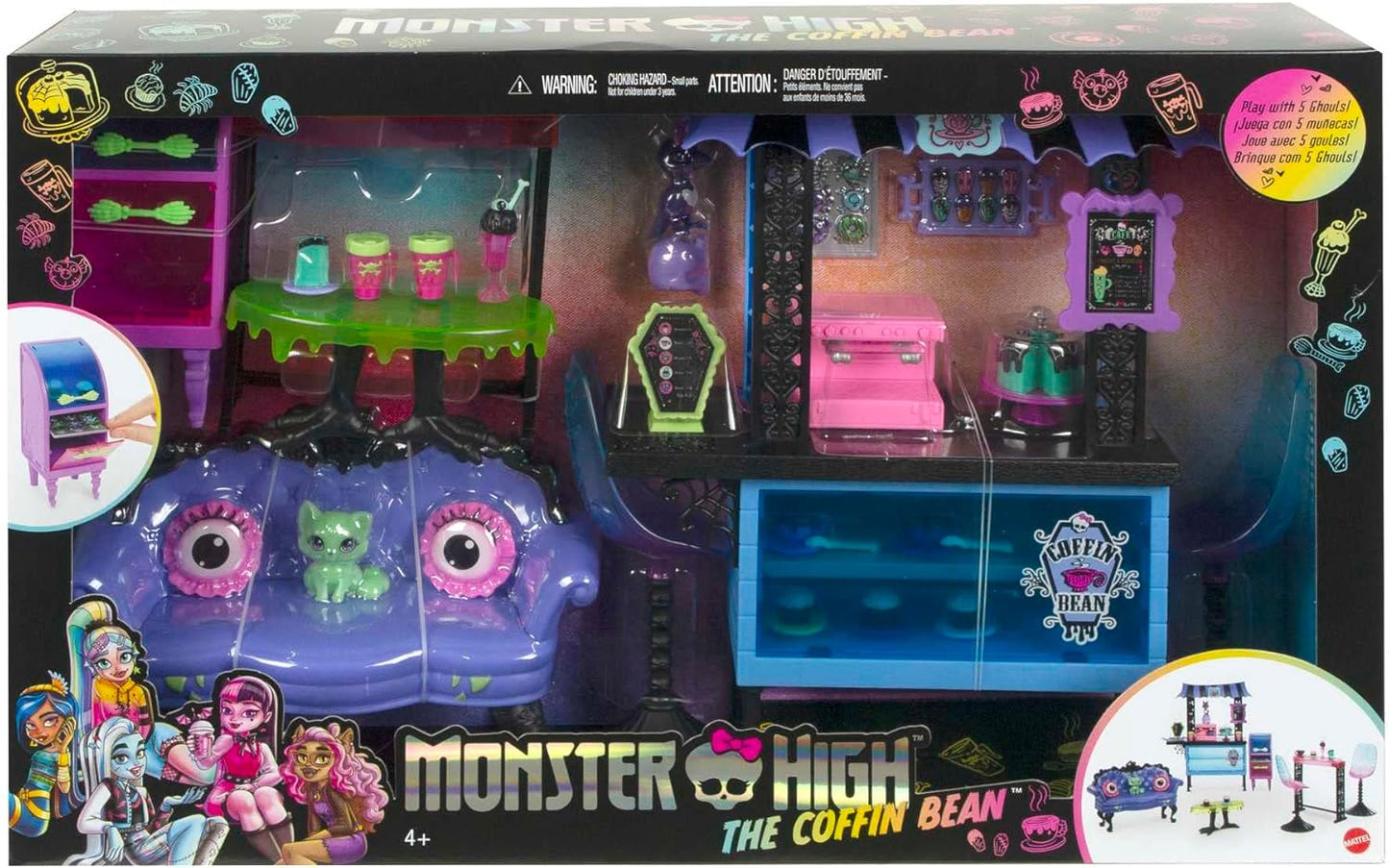 Monster High The Coffin Bean Playset, café com dois animais de estimação, móveis assustadores, doces e bebidas, balcão de barista, brinquedos infantis, conjunto de presentes, HMV78
