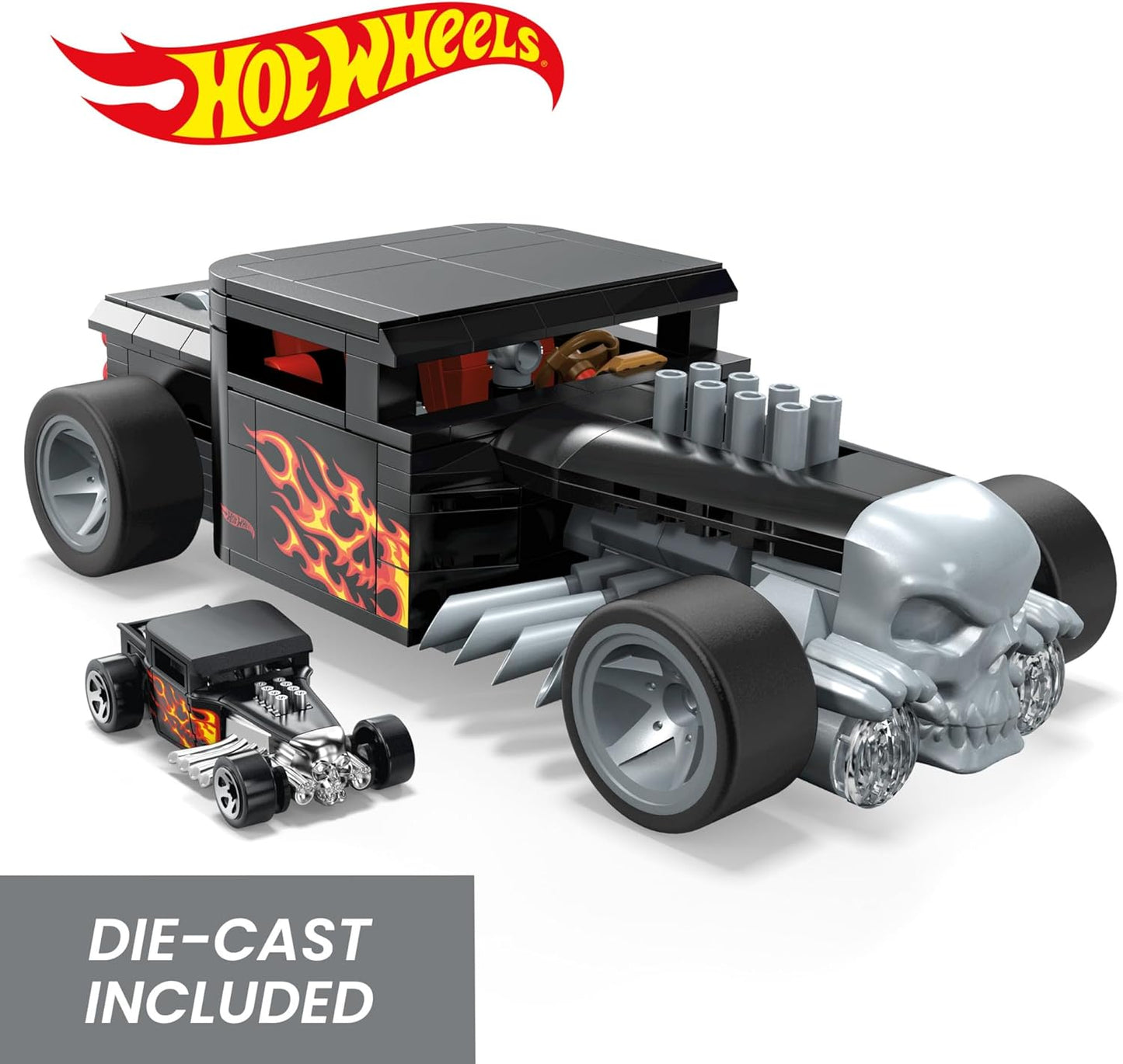 MEGA Conjunto de Brinquedos para Montar Hot Wheels Race Car, Bone Shaker com 334 Peças e Modelo em Metal Fundido, Réplica de Colecionador, Preto e Cromado, Crianças e Adultos, HRY17