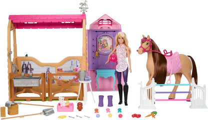 Barbie Conjunto de estábulo com boneca, cavalo e acessórios, mais de 25 peças com 6 áreas de brincadeira, inspirado em Barbie Mysteries: The Great Horse Chase, JDN43
