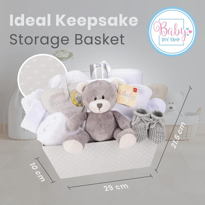 Cesta para Bebê Menino – Conjunto de 17 peças para recém-nascido com pelúcia | Ideal para chás de bebê, revelação de gênero e presente de batizado