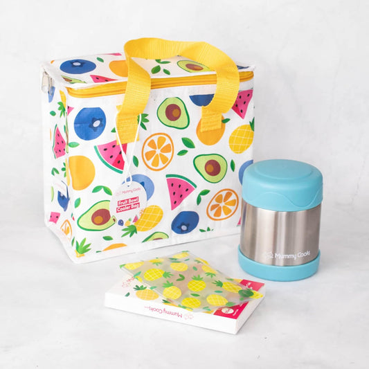 Mummy Cooks Juego de viaje para alimentos: bolsa térmica aislada, paquete refrigerador y termo enfriador de alimentos de 300 ml (frasco azul)