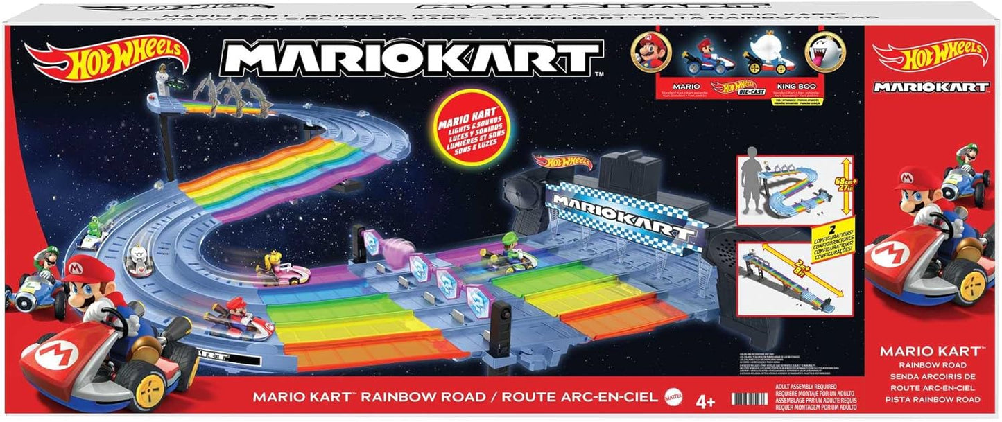 Pista Hot Wheels Mario Kart Rainbow Road Raceway de 2,4 metros com luzes e sons e 2 veículos em escala 1:64, brinquedo ideal para crianças a partir de 4 anos, GXX41