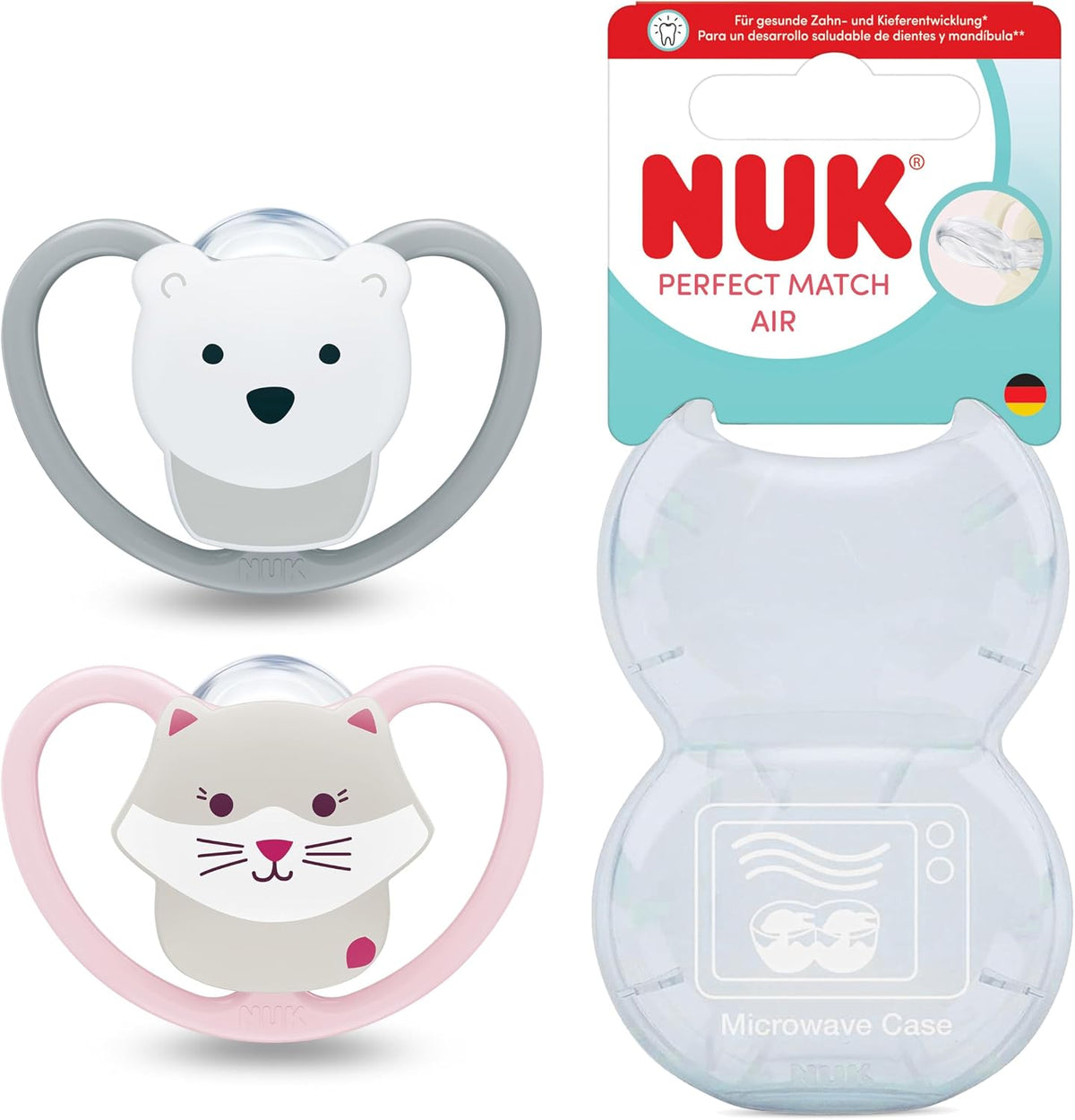 NUK Chupetas Perfect Match Air | 18-36 Meses | Chupetas Ortodônticas que Permitem a Circulação de Ar e Previnem Irritações pela Saliva | 95% de Aceitação pelos Bebês** | Gato e Urso | Embalagem com 2 Unidades