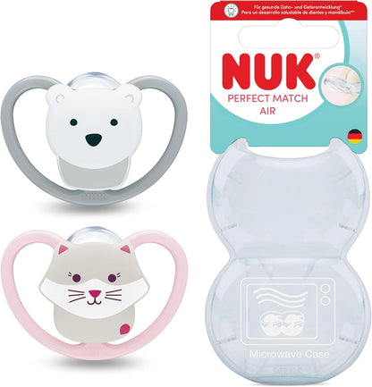 NUK Chupetas Perfect Match Air | 18-36 Meses | Chupetas Ortodônticas que Permitem a Circulação de Ar e Previnem Irritações pela Saliva | 95% de Aceitação pelos Bebês** | Gato e Urso | Embalagem com 2 Unidades
