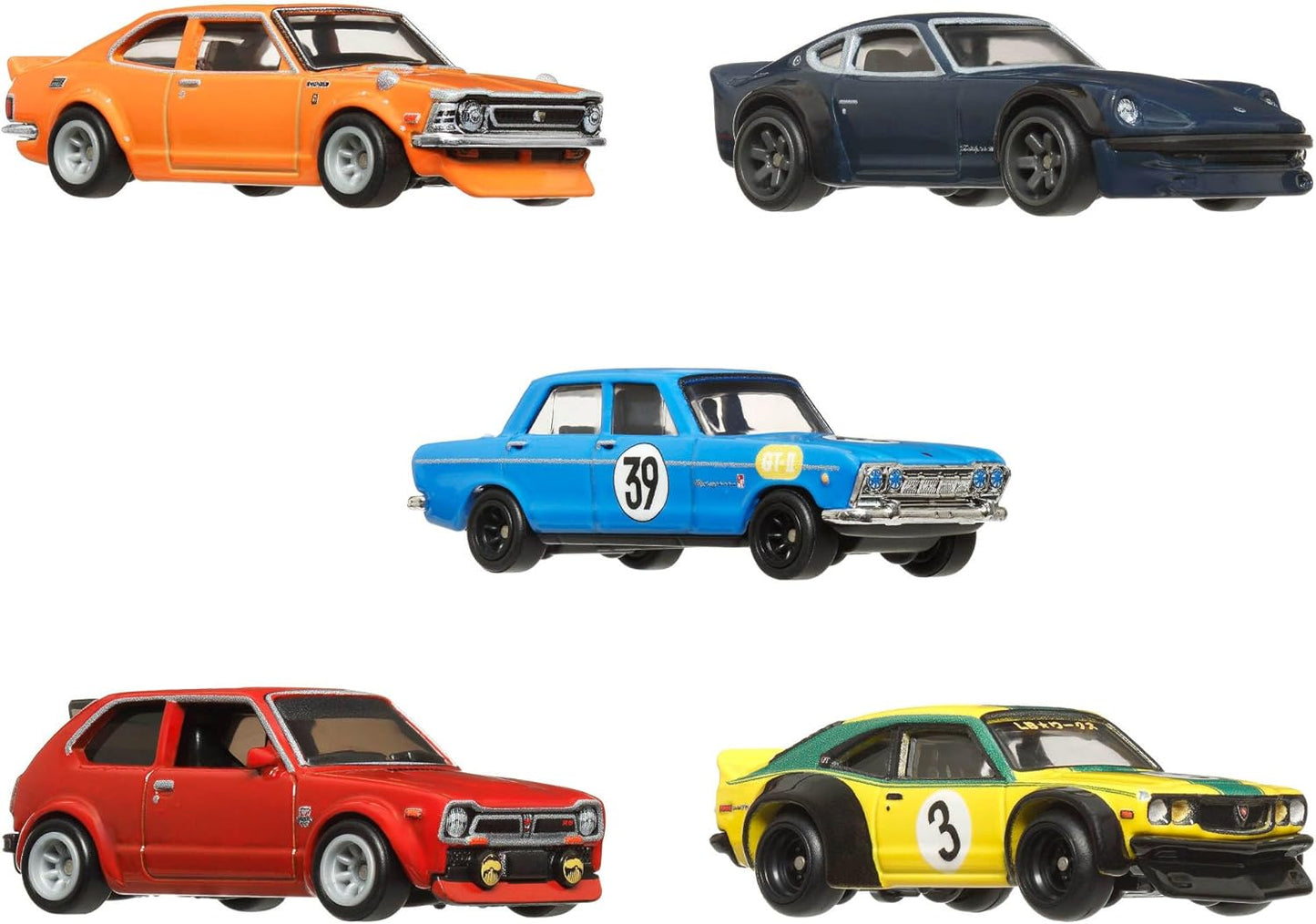 Hot Wheels Conjunto Premium Car Culture Japan Historics com 4 recipientes contendo 5 carrinhos em escala 1:64 em um recipiente colecionável e empilhável para armazenamento e exibição, HRW84