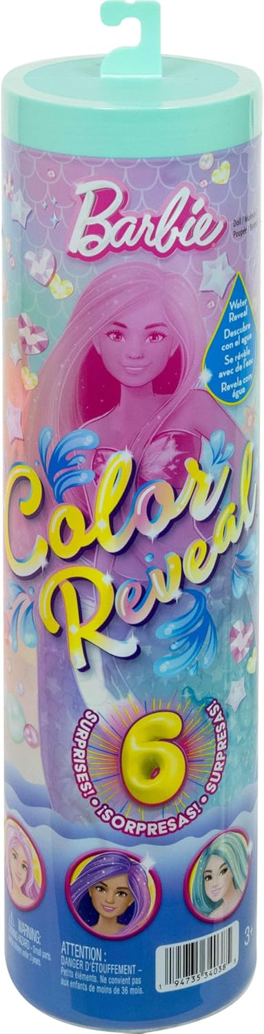 Barbie Color Reveal Série Sereia Boneca e Acessórios com 6 Surpresas Incluindo Mudança de Cor e Pingentes (Os Estilos Podem Variar), JMW61