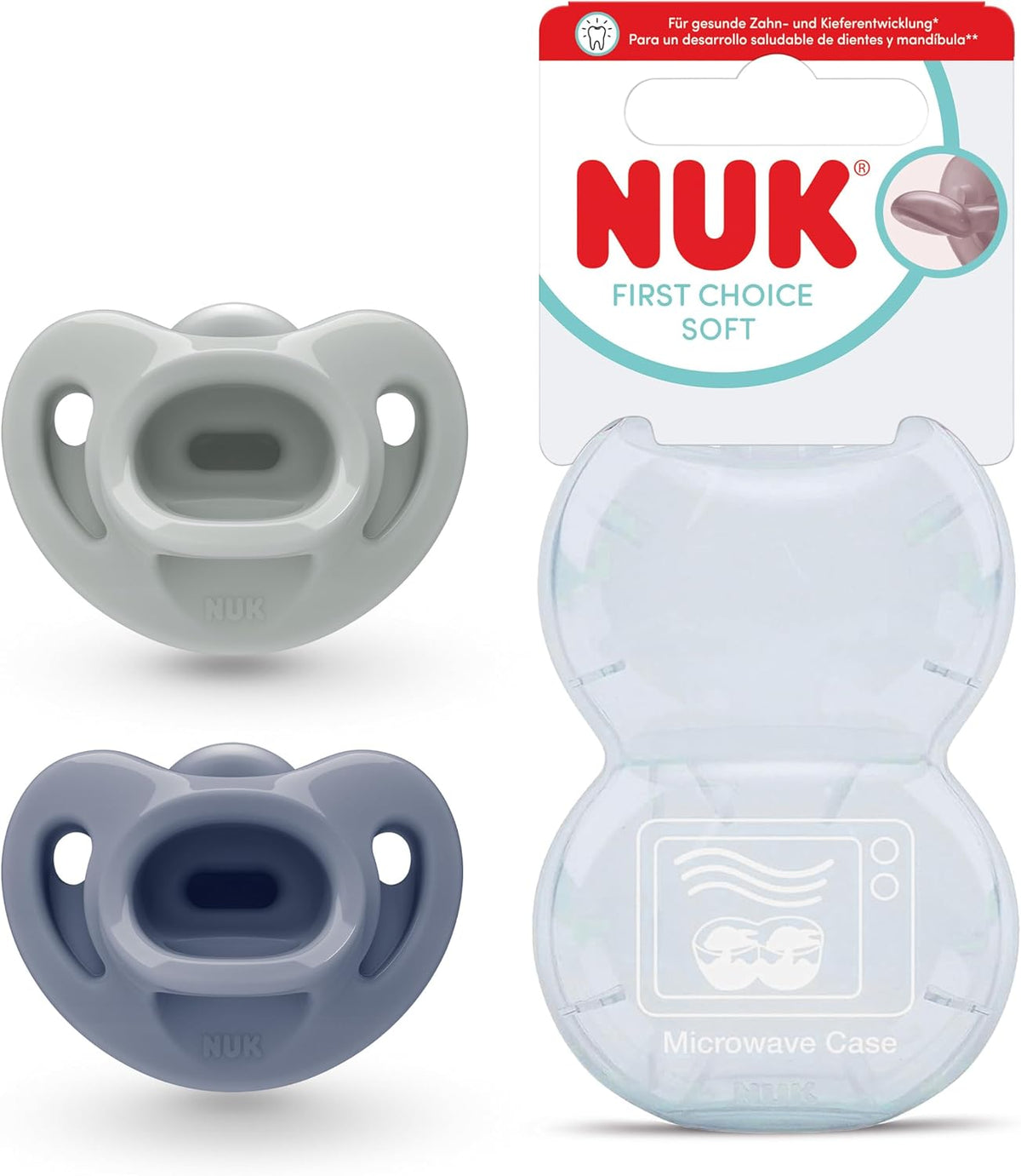 NUK Chupetas First Choice Soft | 0-6 Meses | Chupetas Ortodônticas de Silicone 100% Supermacio | 95% de Aceitação pelos Bebês** | Verde e Azul | Embalagem com 2 Unidades