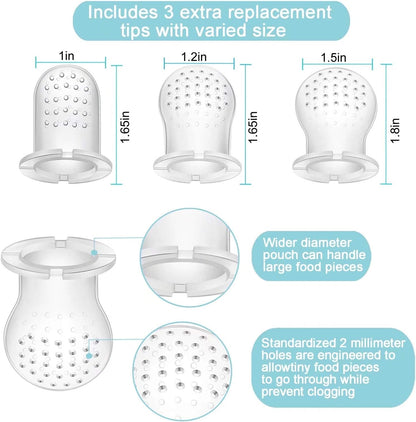 PandaEar Kit com 3 Chupetas e Mordedores para Alimentação de Frutas Frescas para Bebês | Colher Dosadora de Alimentos (1 Unidade) | 3 Sachês de Silicone Macios, Seguros e Livres de BPA para Alimentos | 2 Colheres Macias