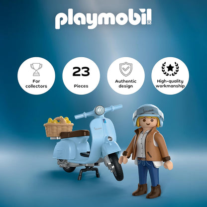 Playmobil | Veículos | 80 Anos de Vespa: Estilo Icônico | Vespa comemorativa azul-clara com figura estilosa, cesta e cartela de adesivos | Para crianças a partir de 5 anos | 72284
