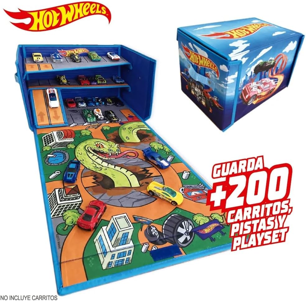 Hot Wheels Caixa de Garagem com Tapete de Brincar - 3 em 1 Caixa de Armazenamento Dobrável para Carrinhos com Pistas de Velocidade | Armazenamento para Carrinhos de Brinquedo (Carrinhos Não Inclusos)