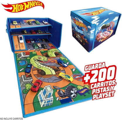 Hot Wheels Caixa de Garagem com Tapete de Brincar - 3 em 1 Caixa de Armazenamento Dobrável para Carrinhos com Pistas de Velocidade | Armazenamento para Carrinhos de Brinquedo (Carrinhos Não Inclusos)