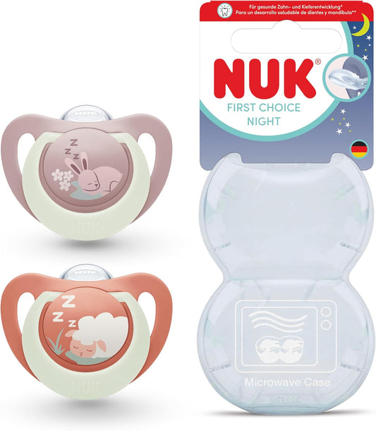 NUK Chupetas First Choice Night | 18-36 Meses | Chupetas Ortodônticas que Brilham no Escuro | Acalmam 99% dos Bebês** | Coelhinho e Ovelha | 2 Unidades