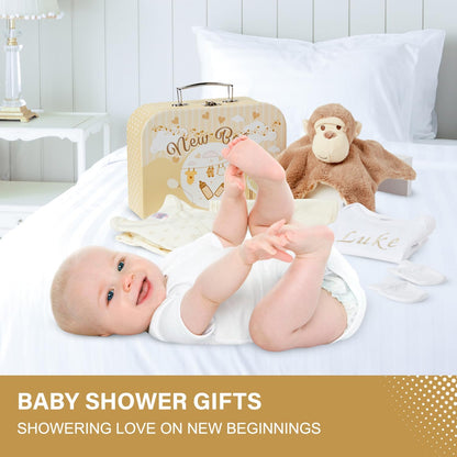 Baby Box Shop - Conjunto de presente para recém-nascidos - Cesta premium com chocalho para cachorro, porta-retratos, tecido de musselina, chá de bebê para recém-nascidos