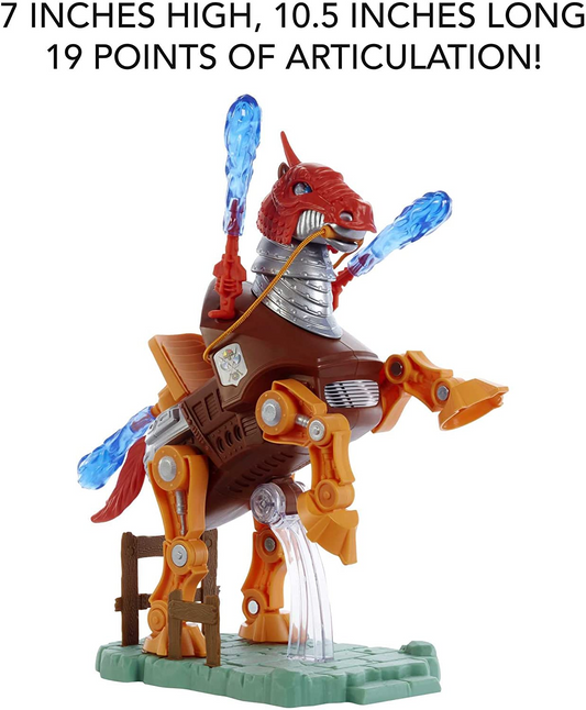 Figura Stridor de Masters of the Universe Origins – Con caballo robot, lanzador y 3 explosiones de plasma – Incluye soporte de exhibición – 7' de alto – Regalo para niños a partir de 6 años