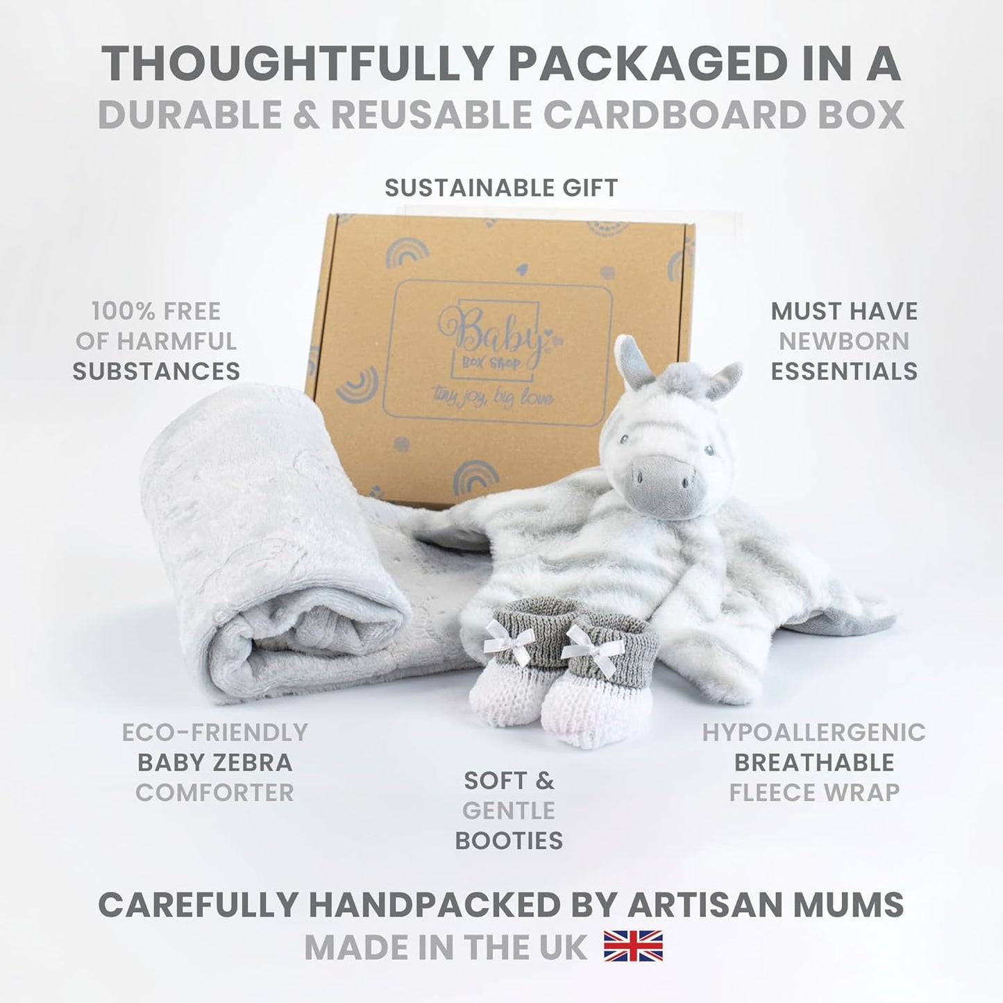 Baby Box Shop - Presentes personalizados para bebês - Cobertor de bebê personalizado e edredom de bebê zebra personalizado com botinhas de algodão cinza e branco, ideais para presentes de batizado