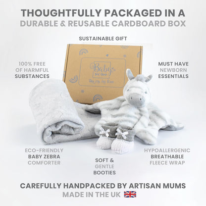 Baby Box Shop - Presentes personalizados para bebês - Cobertor de bebê personalizado e edredom de bebê zebra personalizado com botinhas de algodão cinza e branco, ideais para presentes de batizado