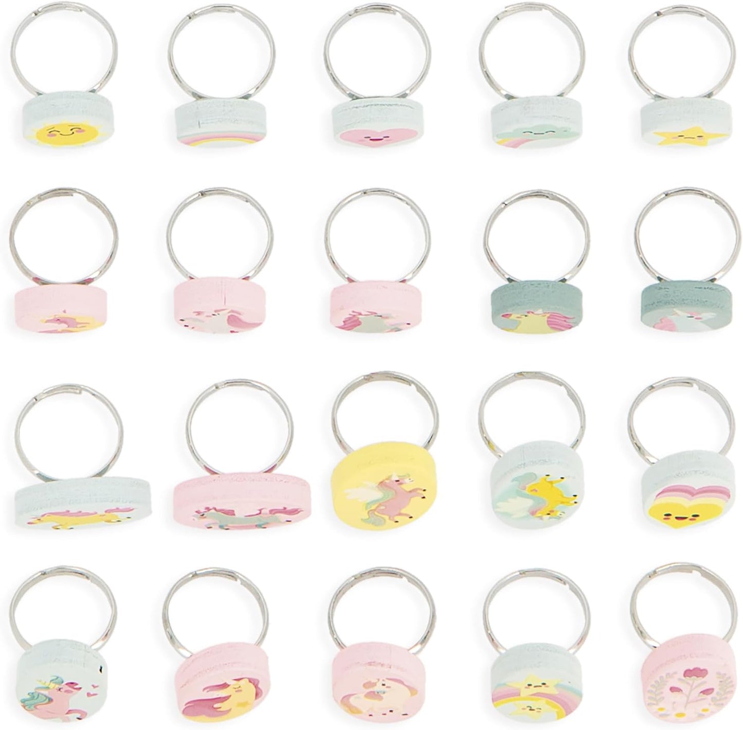 Janod - 20 Anéis de Madeira Ajustáveis Tema Unicórnio para Crianças - 10 Redondos + 10 Ovais - Anéis Ajustáveis - Joias de Madeira e Metal - Brinquedo para Meninas - Acessório de Moda - A partir de 3 Anos - J08881