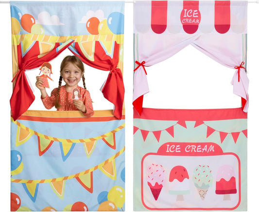 Navaris Teatro de fantoches de porta dupla face Cortina com haste - Escolha teatro infantil ou sorveteria - Para crianças, luva de marionetes, fantoches de mão ou de corda