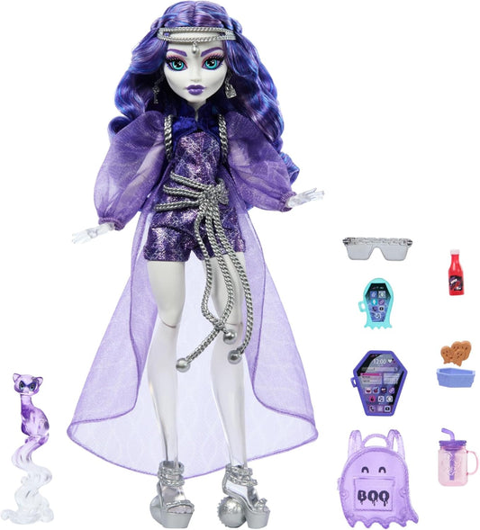 Monster High Boneca Spectra Vondergeist com seu furão de estimação Rhuen e acessórios como mochila, tablet, lanches e muito mais, HXH77