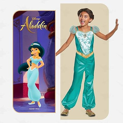 DISGUISE Disfraz oficial clásico de princesa Jasmine de Disney para niños, disfraz de Aladino para niños, disfraz de princesa Jasmine para niñas, disfraz de princesa árabe, disfraz del Día Mundial del Libro para niñas
