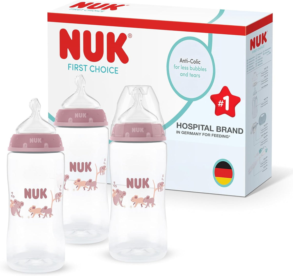 NUK Mamadeiras First Choice | 3+ meses | 300 ml | Mamadeira anticólica | Polipropileno (PP) | Indicador de controle de temperatura | Coala | Kit com 3 unidades