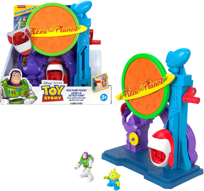 Fisher-Price Imaginext Disney e Pixar Toy Story Pizza Planet Playset com figuras de ação de Buzz Lightyear e seu amigo alienígena de 7,6 cm, foguete de brinquedo e projéteis, JKW20