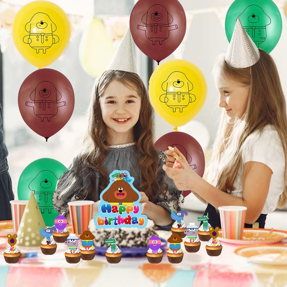 Hey Duggee Kit de balão de festa, 32 peças de materiais de festa Hey Duggee, decorações de aniversário temáticas Hey Duggee, inclui banner de feliz aniversário, chapéus de coco de bolo, balão, para festa de aniversário de meninos e meninas