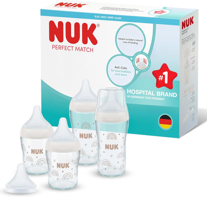 NUK Kit de Mamadeiras de Vidro Perfect Match | 0+ meses | 120 ml e 230 ml | Mamadeira Anticólica | Indicador de Controle de Temperatura | Rainbow | 4 unidades