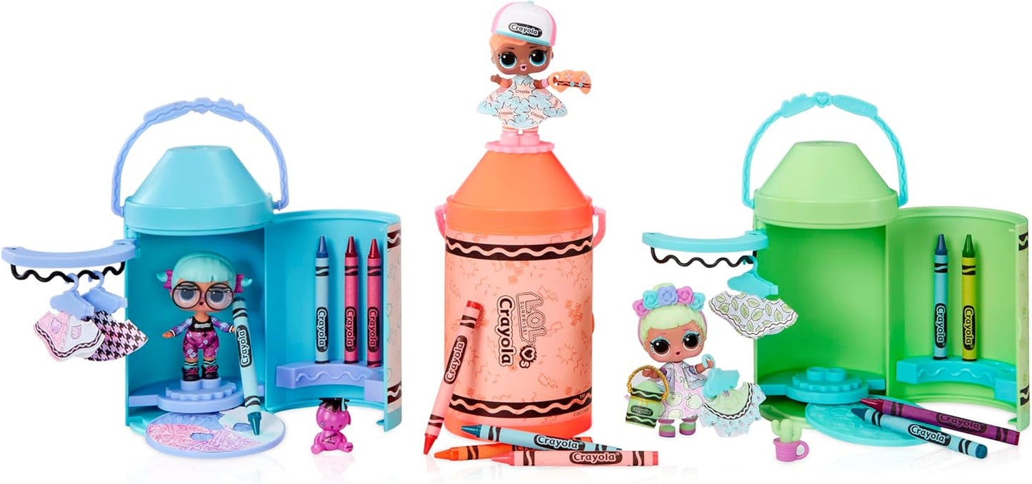 LOL Surprise Loves CRAYOLA - Color Me Studio com tot colecionável - Mais de 30 surpresas, incluindo boneca, vestidos de papel e 4 giz de cera - Playset Art Studio em embalagem de cápsula de giz de cera - Para crianças de 3 anos ou mais