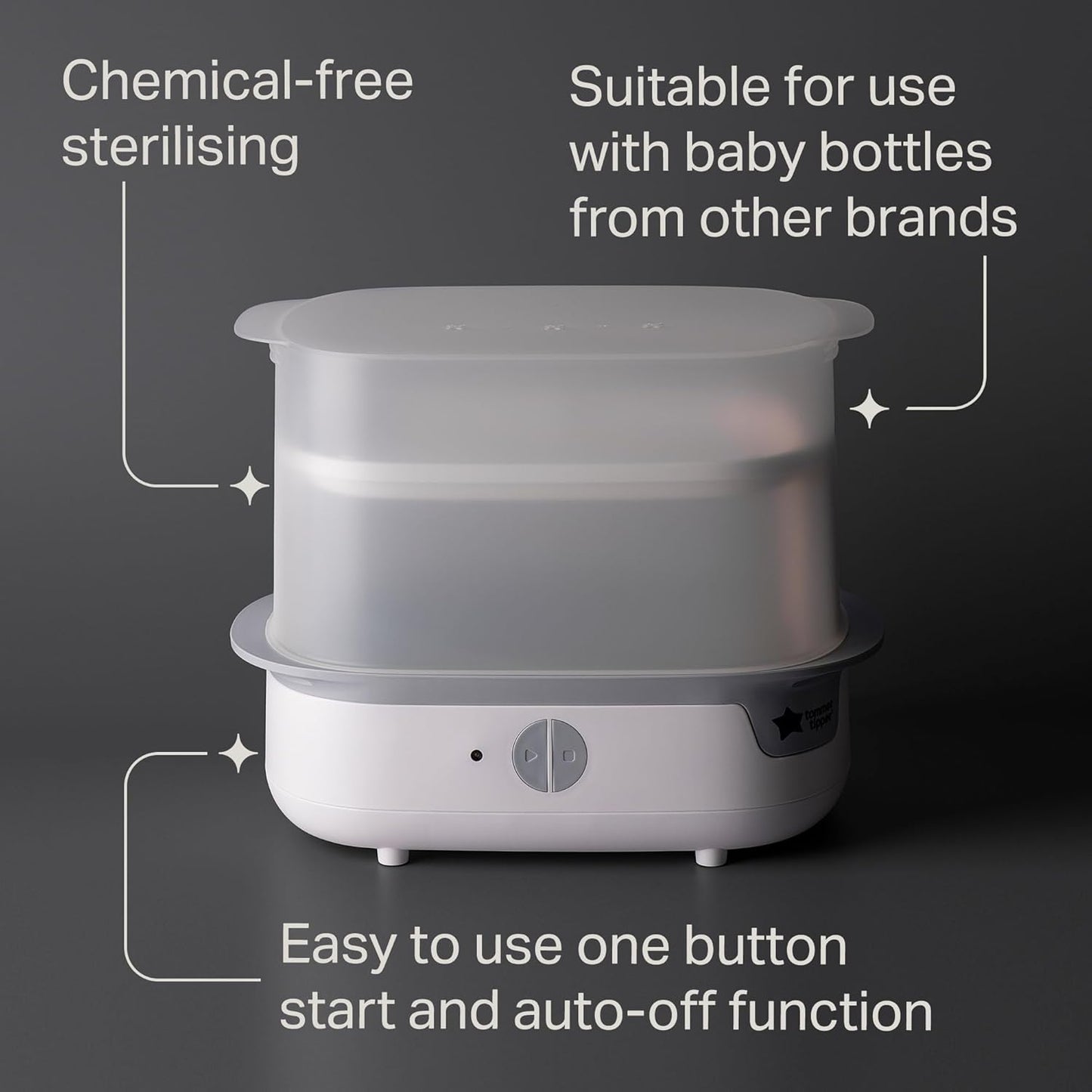 Tommee Tippee Esterilizador a vapor elétrico Supersteam para mamadeiras, elimina vírus e 99,9% das bactérias, ciclo de esterilização de 5 minutos, branco.