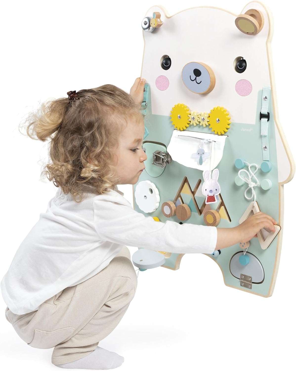 Janod - Busy Board Ourson - 20 atividades - Grande quadro de atividades de madeira - Ideal para desenvolvimento motor fino, curiosidade e destreza - Altura 60 cm - A partir de 18 meses, J05162