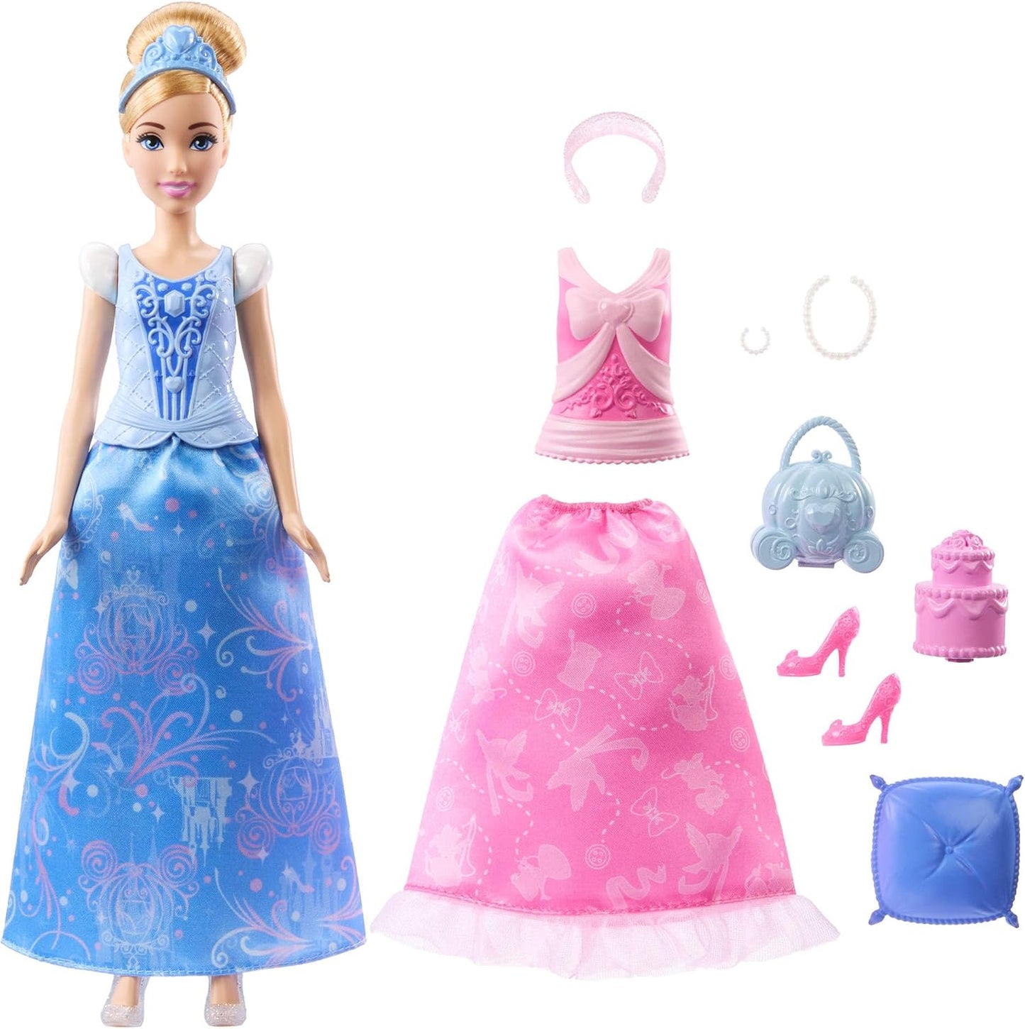 Mattel Boneca de Moda Cinderela Disney Princess da com 2 Visuais para Criar Histórias | Boneca Articulada com 9 Acessórios, 2 Corsetes de Encaixe e 2 Saias, Histórias 2 em 1 Inspiradas no Filme Cinderela da Disney, JCR95
