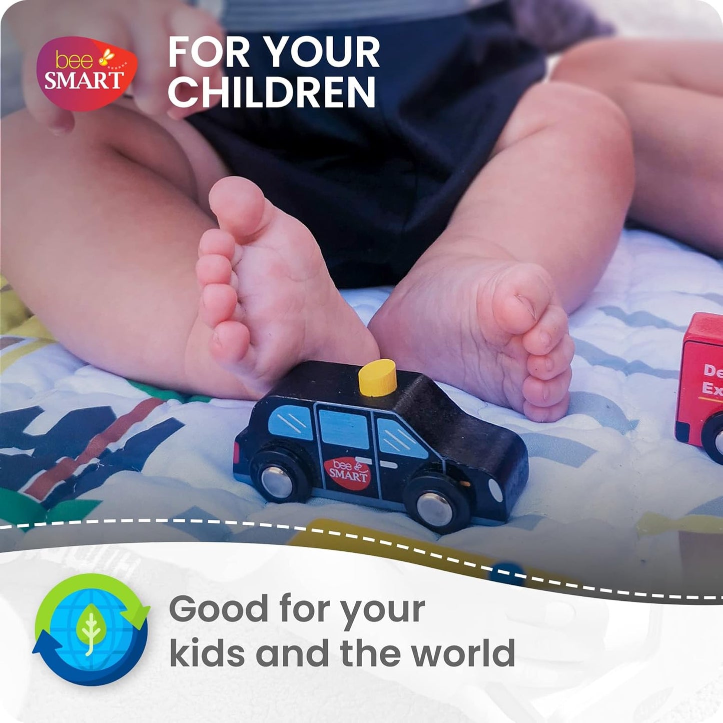 Bee Smart Carros de brinquedo de madeira - conjunto de 9 | Inclui veículo policial infantil, ônibus de Londres, táxi preto, ambulância, carro de bombeiros em caixa de madeira | Presentes de aniversário coloridos