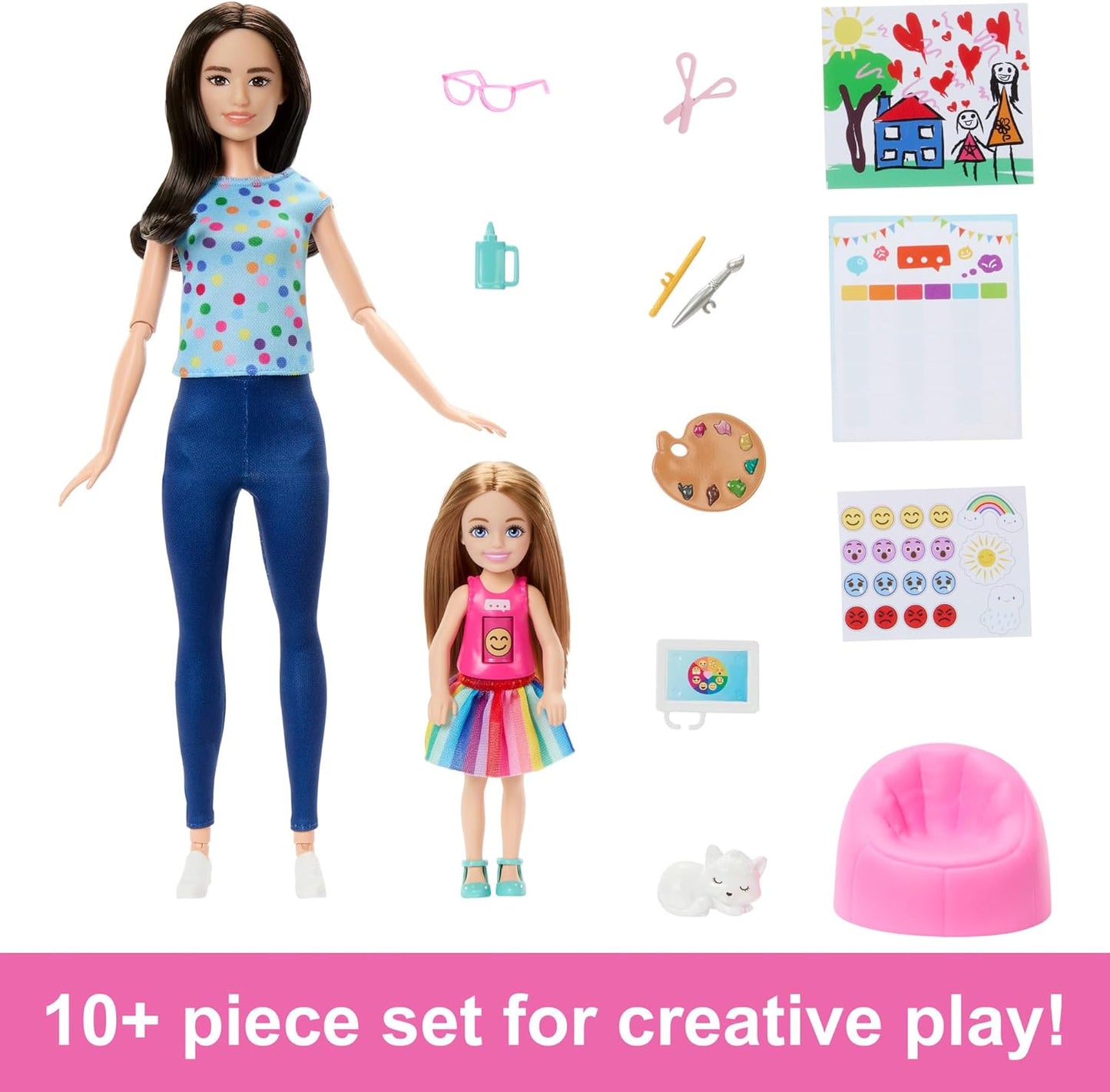 Barbie Therapist Doll Art Therapy Set, muñeca pequeña con camisa emoji giratoria y accesorios que incluyen mascota, piezas con temas artísticos, pegatinas y más, HRG48